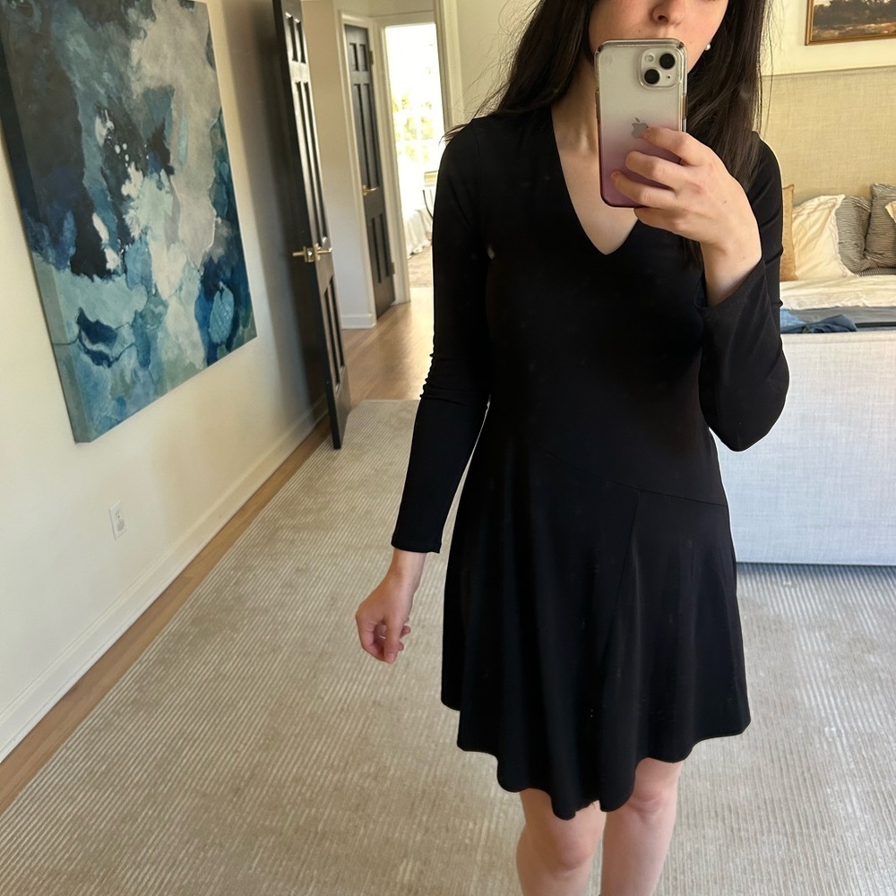 OOTD asymmetrical v neck long sleeve black mini dress size S